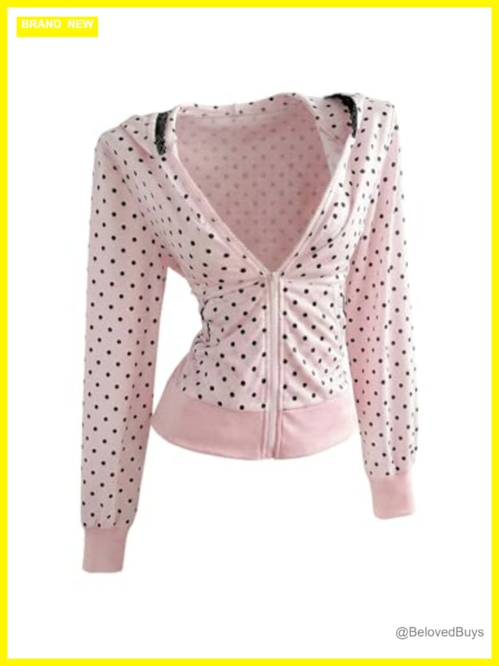 Y2K Polka Dot Lace Trim Zip Up Hoodie Coquette Fitted Sweatshirt Pockets